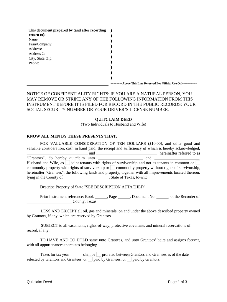Quitclaim Deed by Two Individuals to Husband and Wife - Texas Preview on Page 1