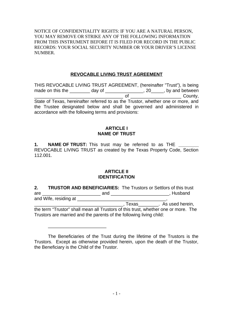 Living Trust for Husband and Wife with One Child - Texas Preview on Page 1