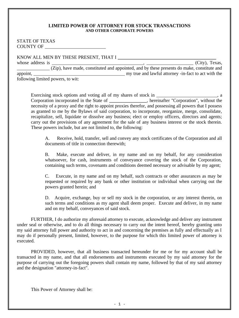 Limited Power of Attorney for Stock Transactions and Corporate Powers - Texas Preview on Page 1.