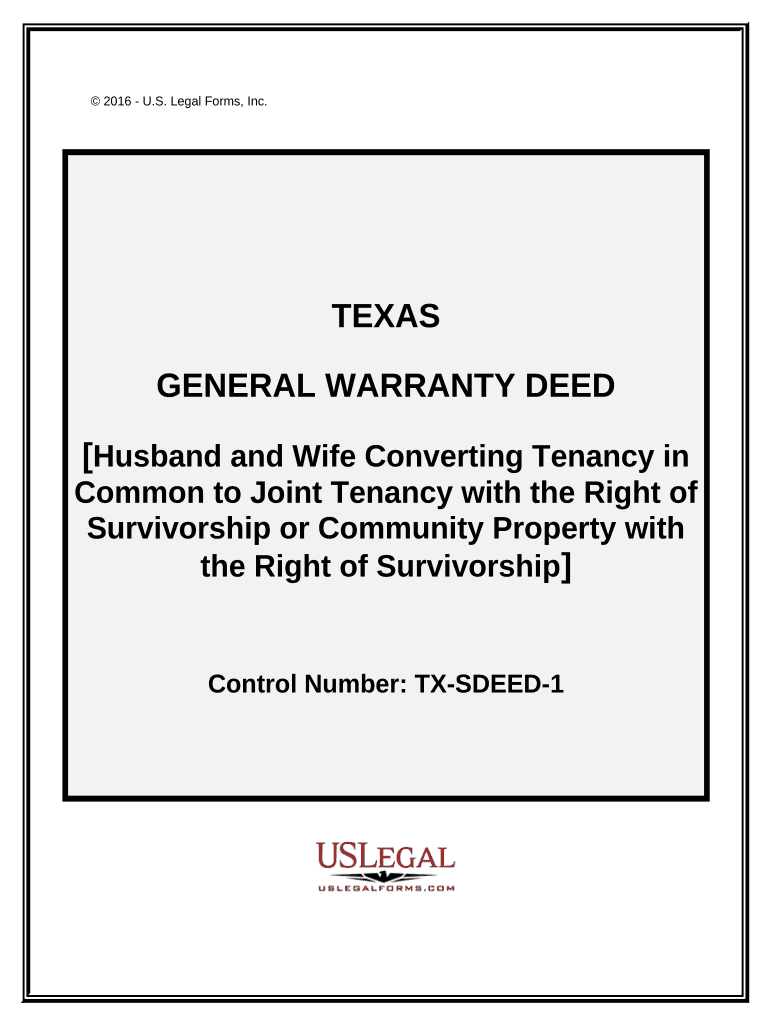Warranty Deed for Husband and Wife Converting Property from Tenants in Common to Joint Tenancy - Texas Preview on Page 1