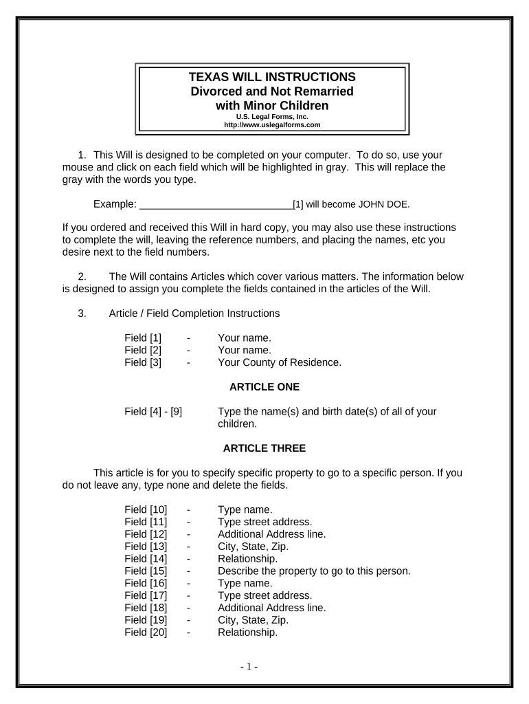 Legal Last Will and Testament Form for Divorced Person not Remarried with Minor Children - Texas Preview on Page 1.