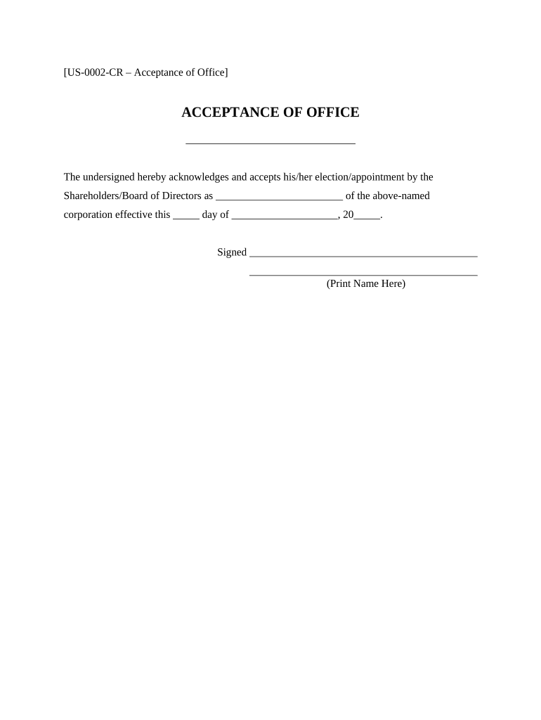 Acceptance of Office - Corporate Resolutions Preview on Page 1.