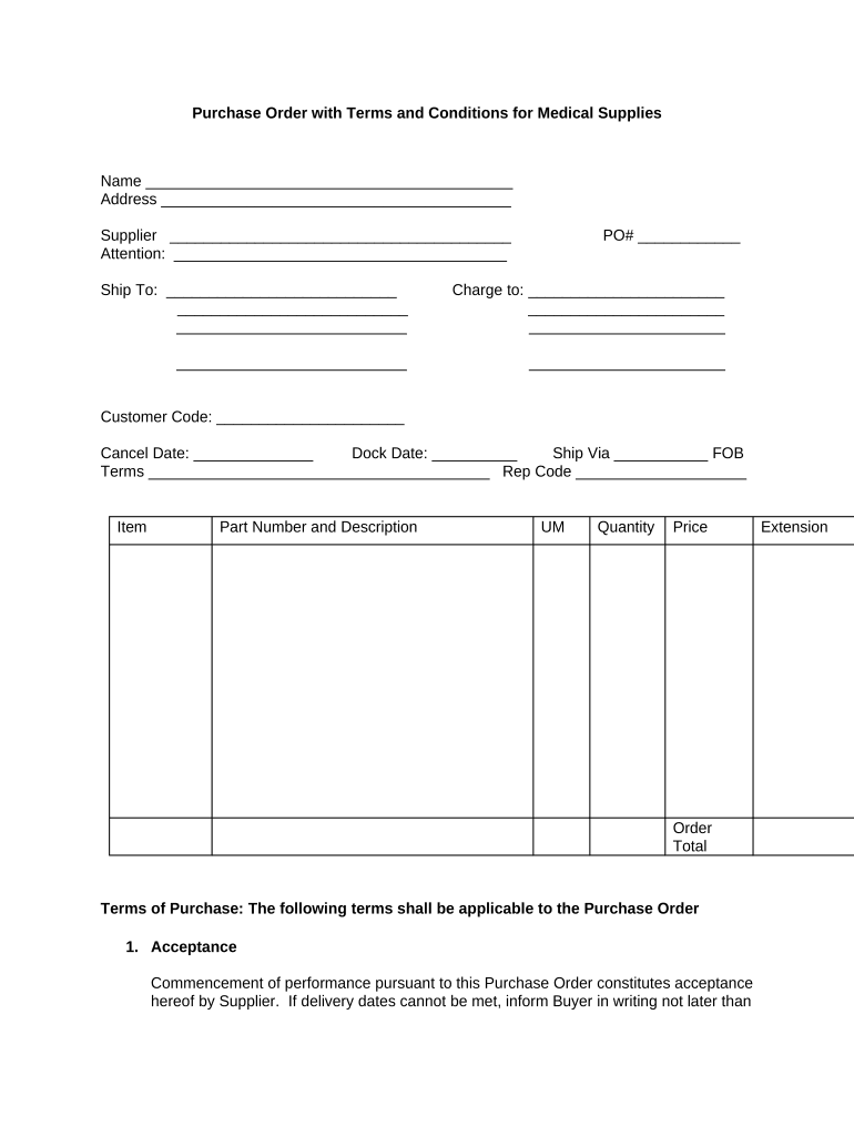 Purchase Order with Terms and Conditions for Medical Supplies Preview on Page 1.