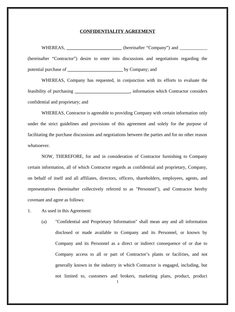 Nondisclosure and Confidentiality Agreement - Potential Purchase Preview on Page 1.