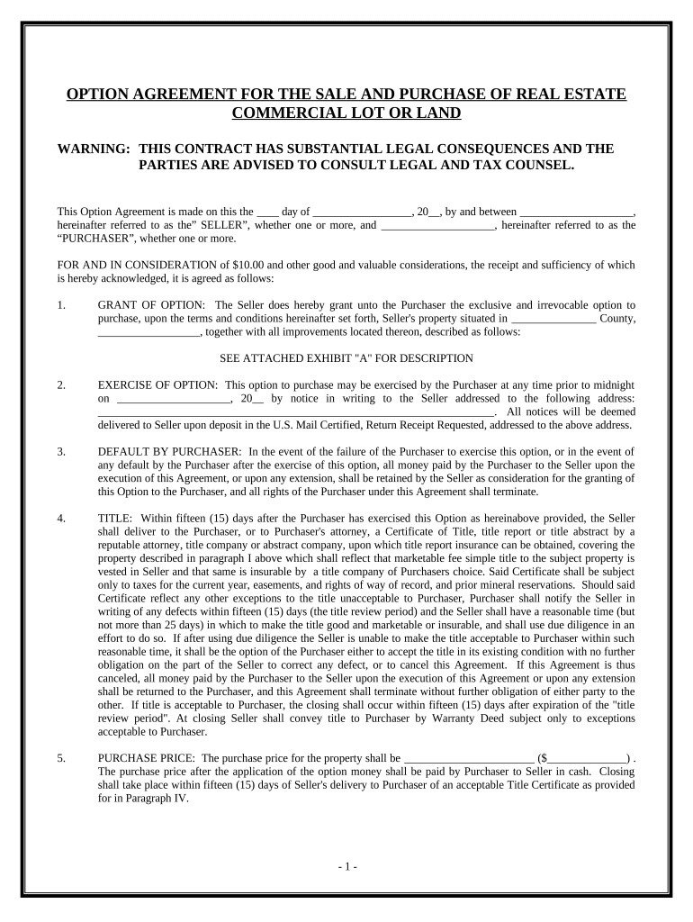 Option For the Sale and Purchase of Real Estate - Commercial Lot or Land Preview on Page 1