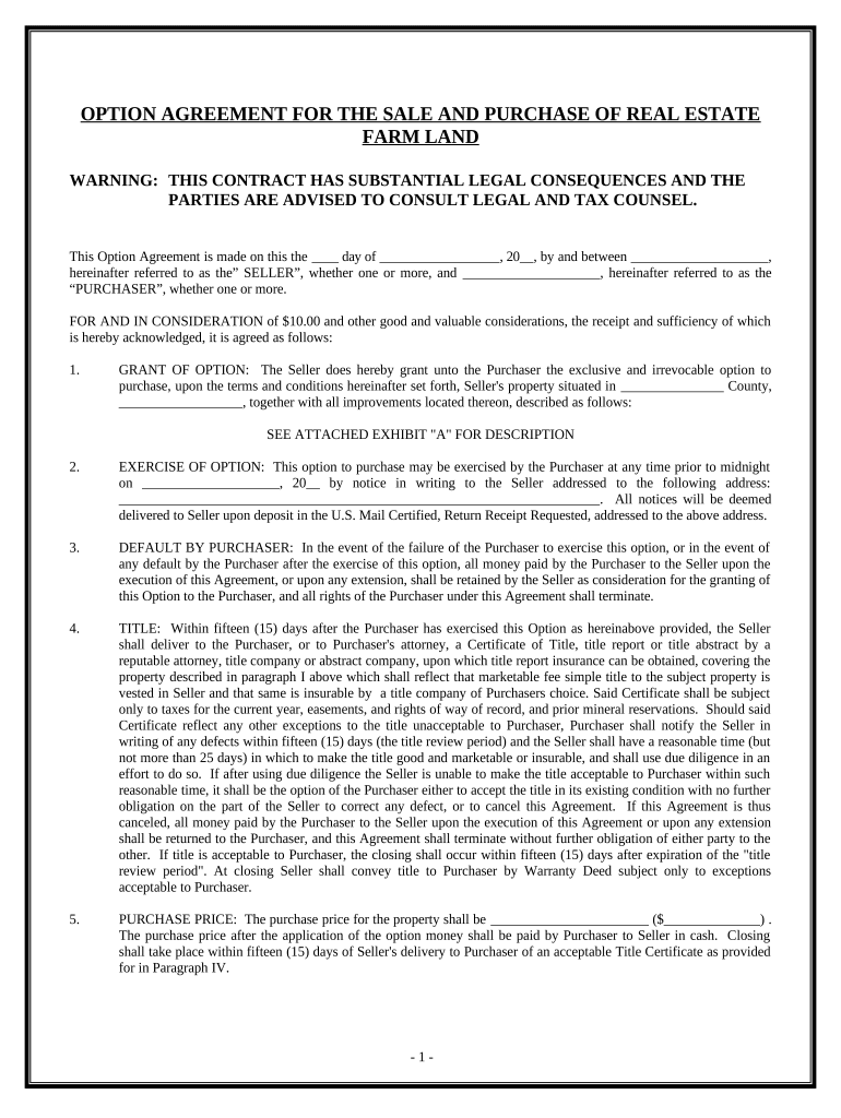 Option For the Sale and Purchase of Real Estate - Farm Land Preview on Page 1