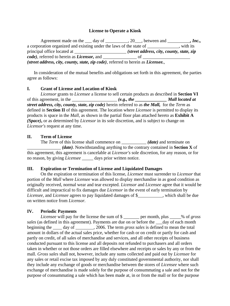License to Operate a Kiosk - Booth Rentals or Renters for Vending, Farmers Markets or Flea Markets Preview on Page 1