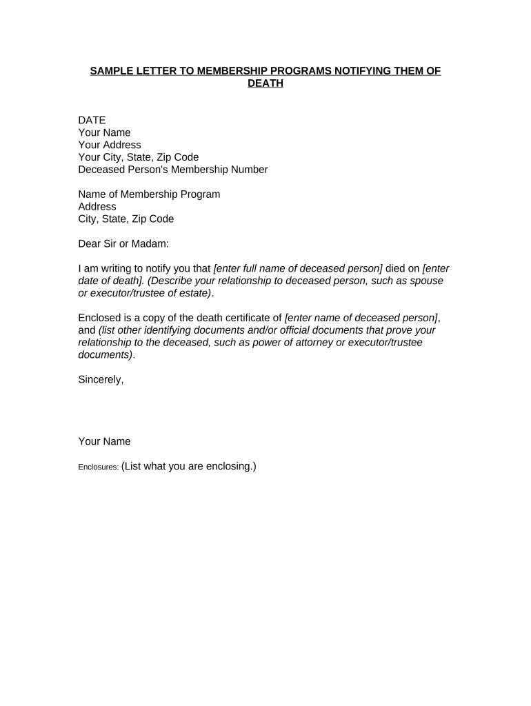 Letter Notifying Death Doc Template PdfFiller