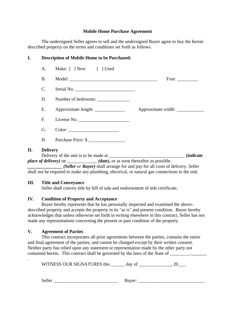 mobile home purchase agreement template Preview on Page 1