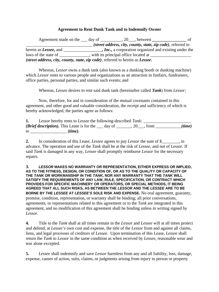 Agreement to Rent Dunk Tank and to Indemnify Owner Preview on Page 1