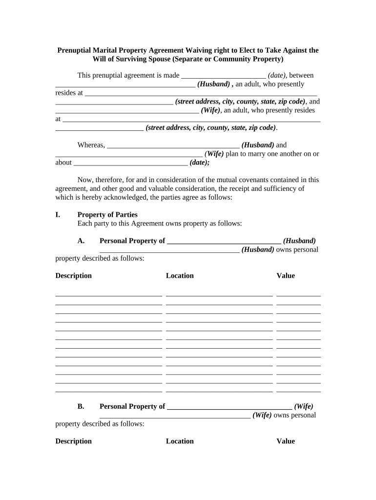 Prenuptial Marital Property Agreement Waiving right to Elect to Take Against the Surviving Spouse - Separate or Community Property Preview on Page 1