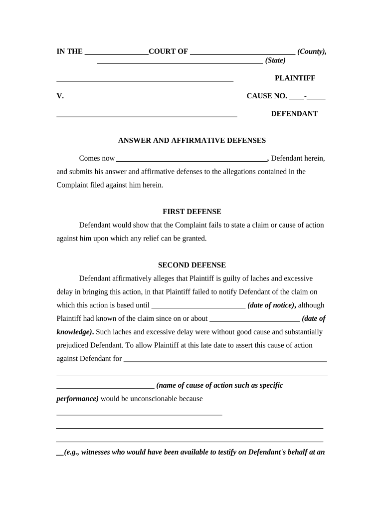 Answer by Defendant in a Civil Lawsuit Alleging the Affirmative Defense