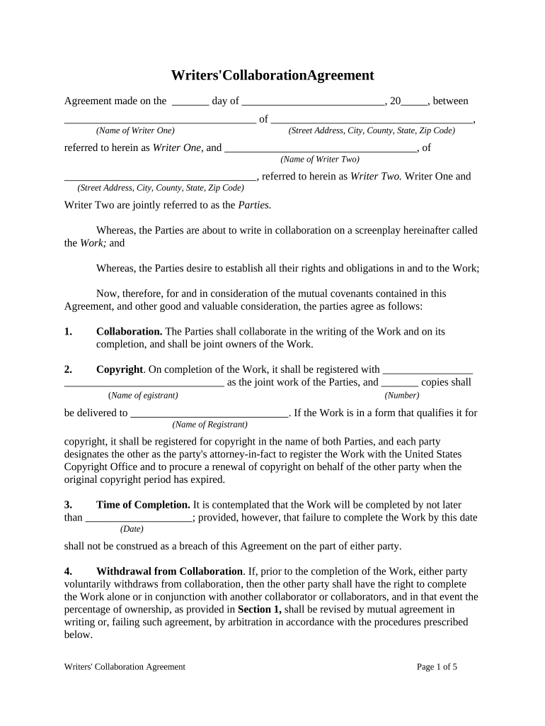 Writers&#039; Collaboration Agreement Preview on Page 1