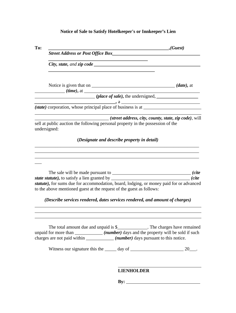 Notice of Sale to Satisfy Hotelkeeper's or Innkeeper's Lien Preview on Page 1