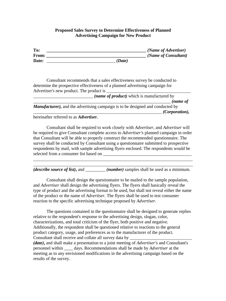 Proposed Sales Survey to Determine Effectiveness of Planned Advertising Campaign for New Product Preview on Page 1