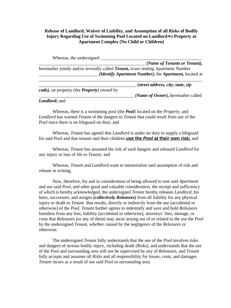 swimming pool waiver release form landlord Preview on Page 1