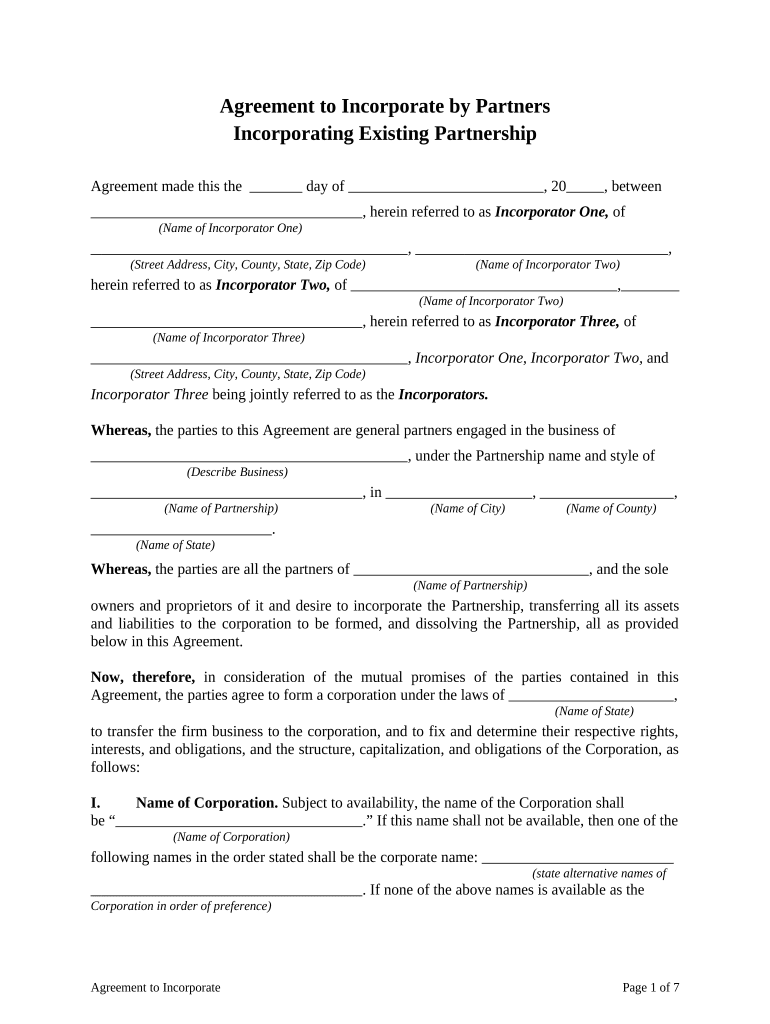 Agreement to Incorporate by Partners Incorporating Existing Partnership Preview on Page 1