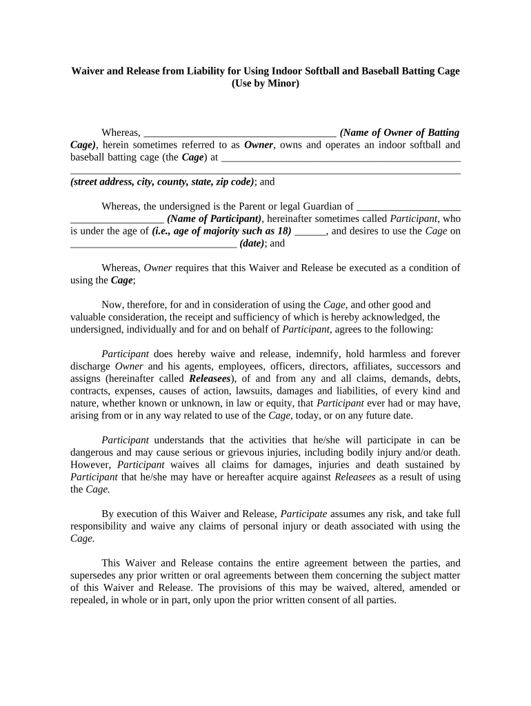 baseball liability waiver form Preview on Page 1