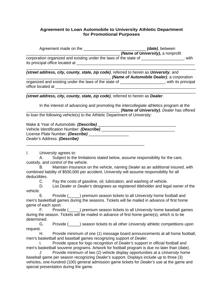 Agreement to Loan Automobile to University Athletic Department for Promotional Purposes Preview on Page 1