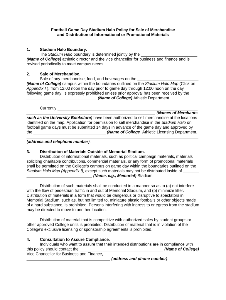 Football Game Day Stadium Halo Policy for Sale of Merchandise and Distribution of Informational or Promotional Materials Preview on Page 1