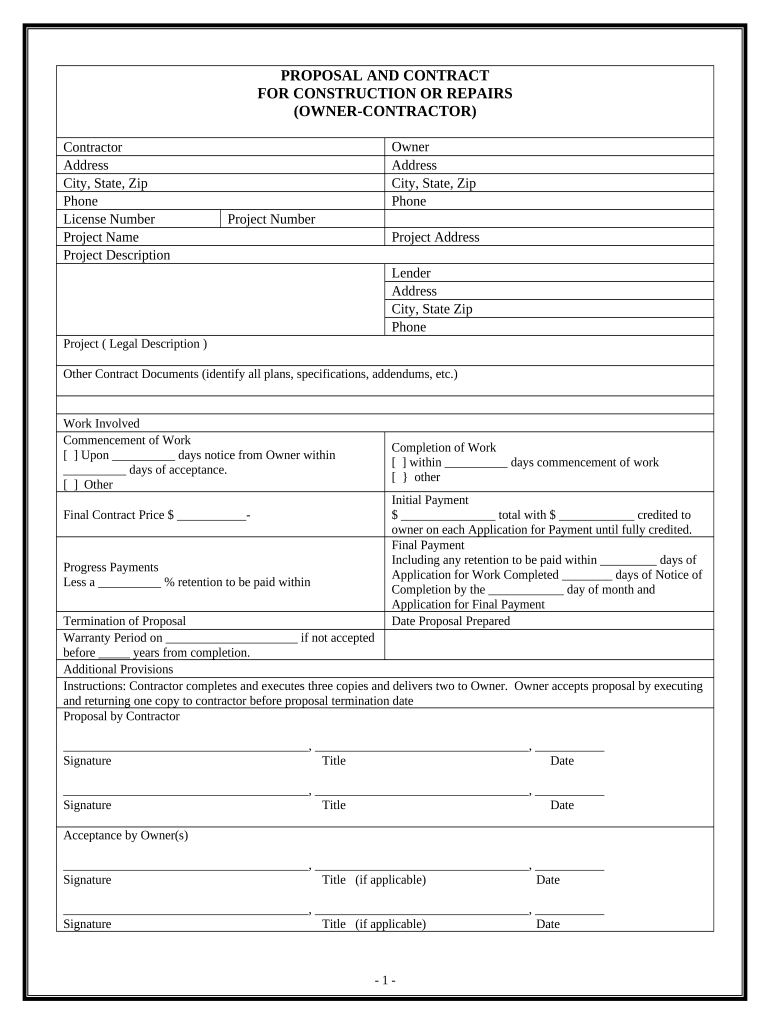 Proposal and Contract for Construction or Repairs by Contractor Preview on Page 1