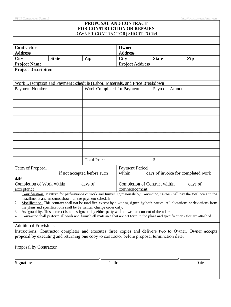 Proposal and Contract for Construction or Repairs by Contractor - Simple Preview on Page 1