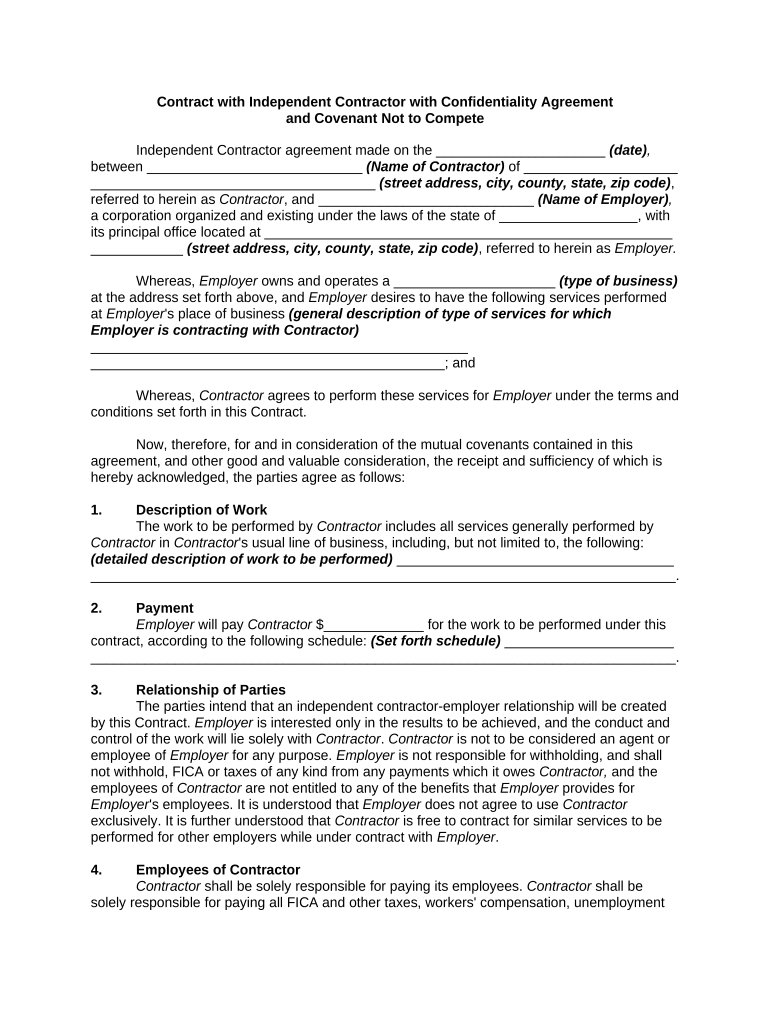 Contract With Self Employed Independent Contractor With Confidentiality Agreement And Covenant Not To Compete Doc Template Pdffiller Contract With Self Employed Independent Contractor With Confidentiality Agreement And Covenant Not To Compete Doc Template Pdffiller