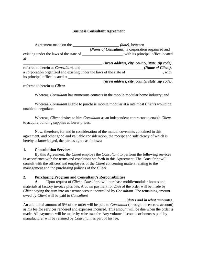 Business Consultant Agreement Regarding Management and Purchasing Policies Preview on Page 1