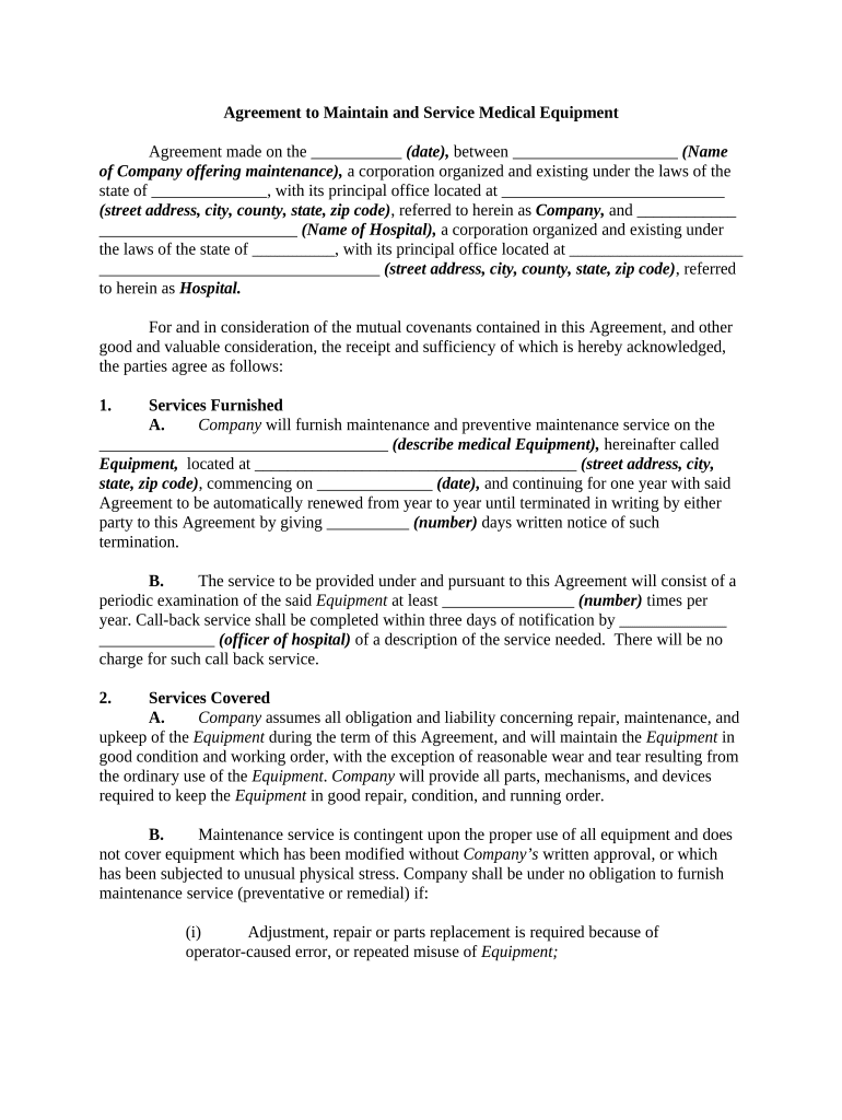 medical equipment service contract template Preview on Page 1