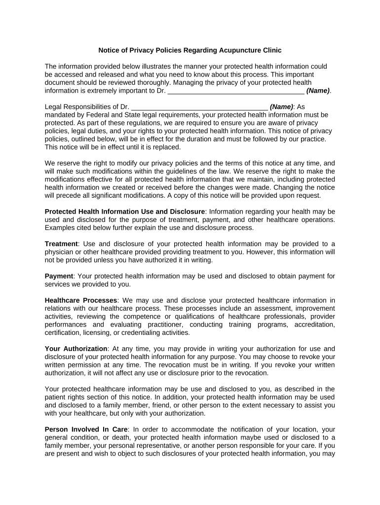 Notice of Privacy Policies Regarding Acupuncture Clinic Preview on Page 1