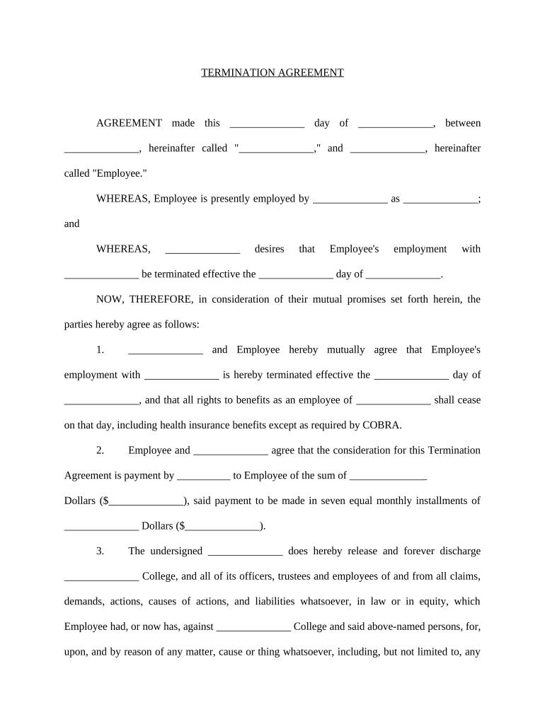 Termination Agreement College Employee Preview on Page 1