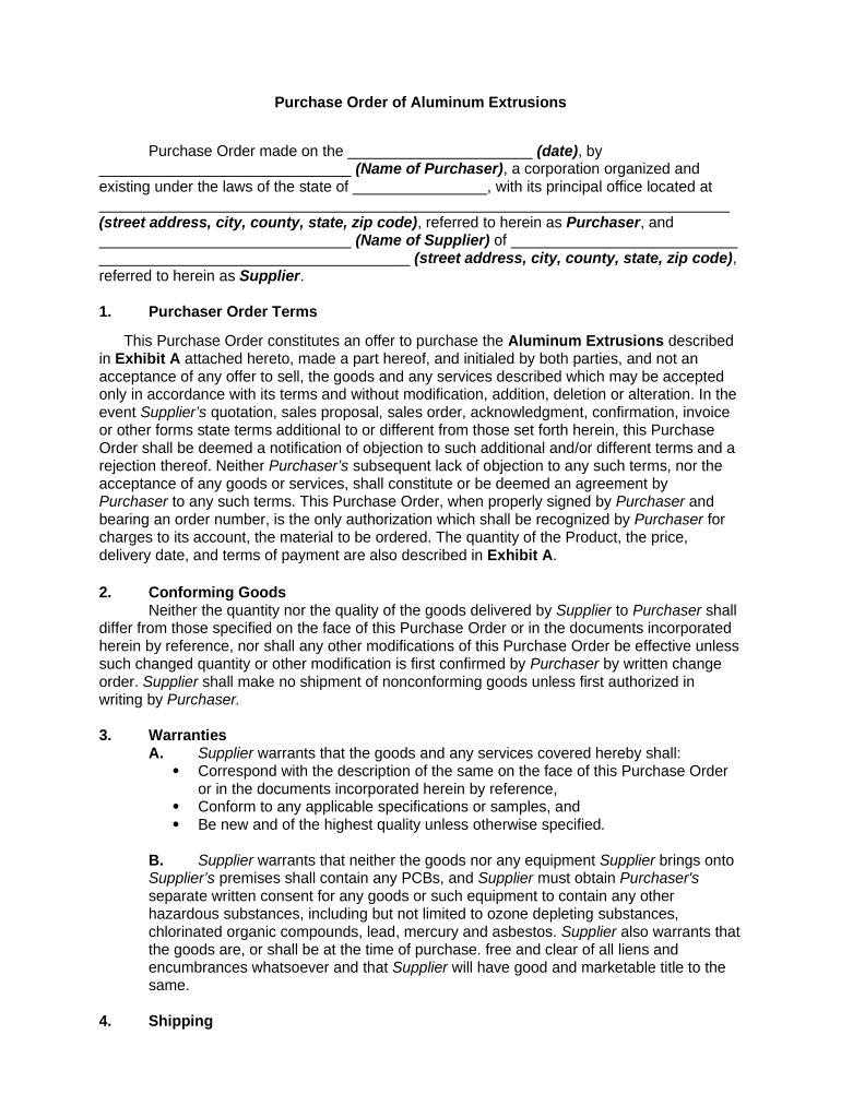 Purchase Order of Aluminum Extrusions Preview on Page 1.