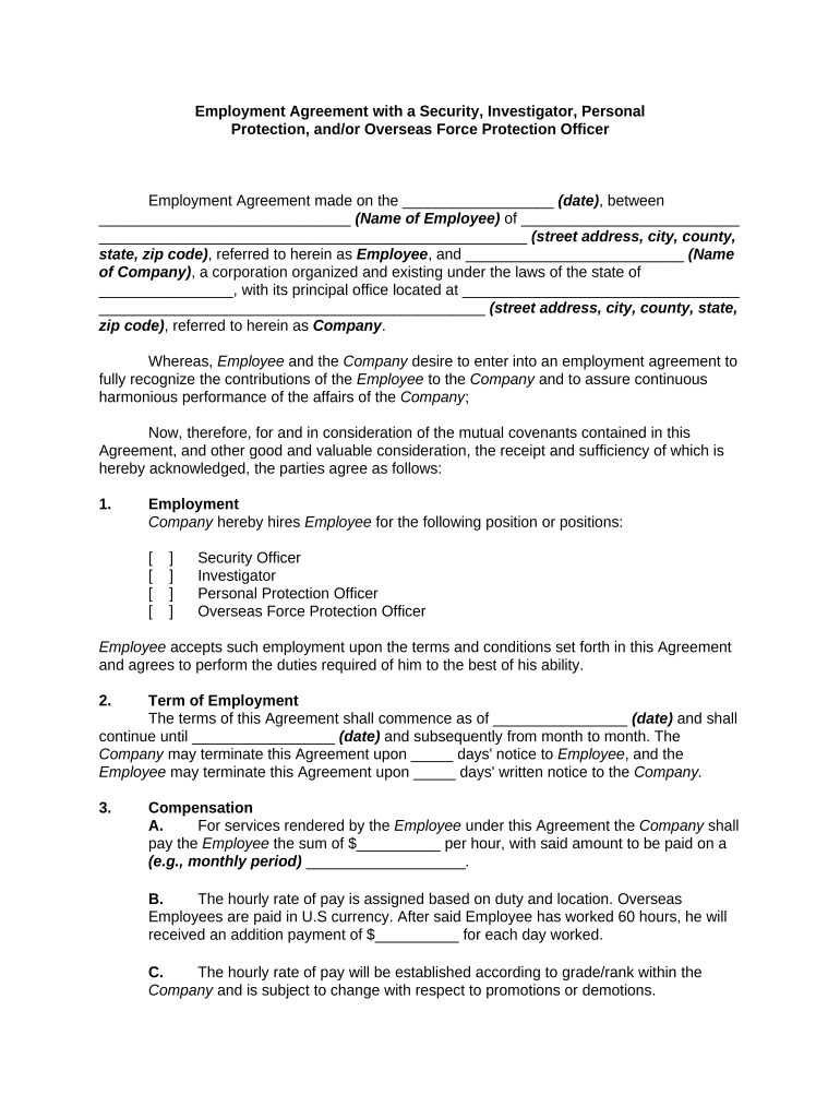 Employment Agreement with a Security, Investigator, Personal Protection, and or Overseas Force Protection Officer Preview on Page 1