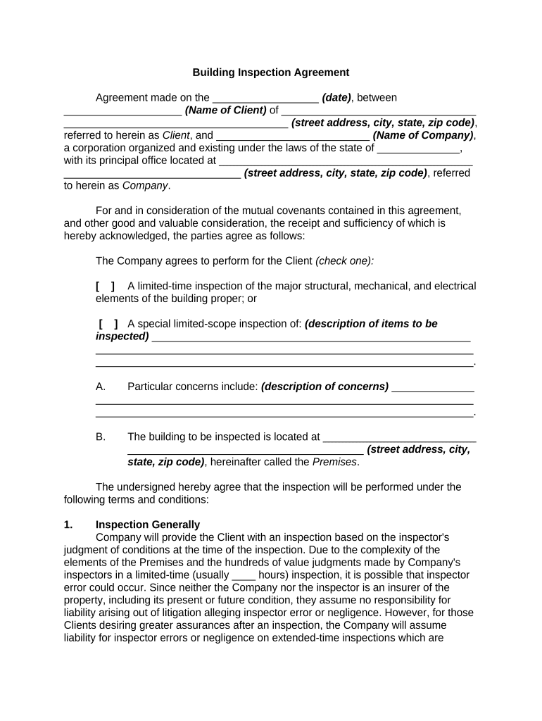 Building Inspection Agreement Preview on Page 1