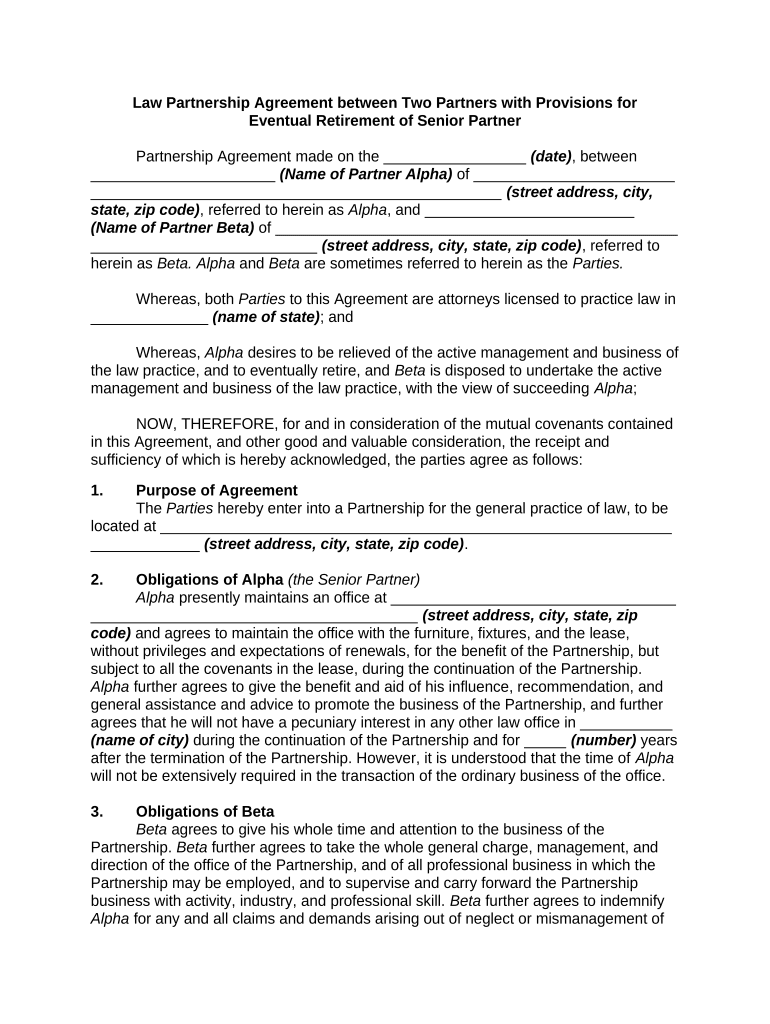 Law Partnership Agreement between Two Partners with Provisions for Eventual Retirement of Senior Partner Preview on Page 1