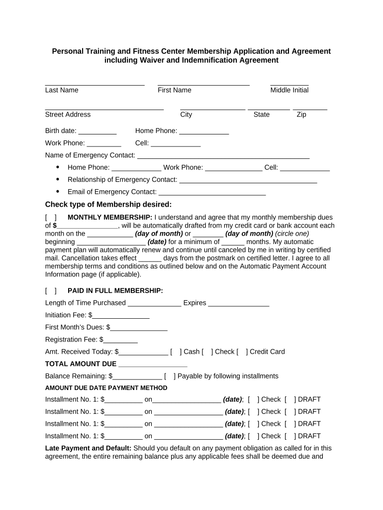 Personal Training or Trainer and Fitness Center Membership Application and Agreement including Waiver and Indemnification Agreement Preview on Page 1