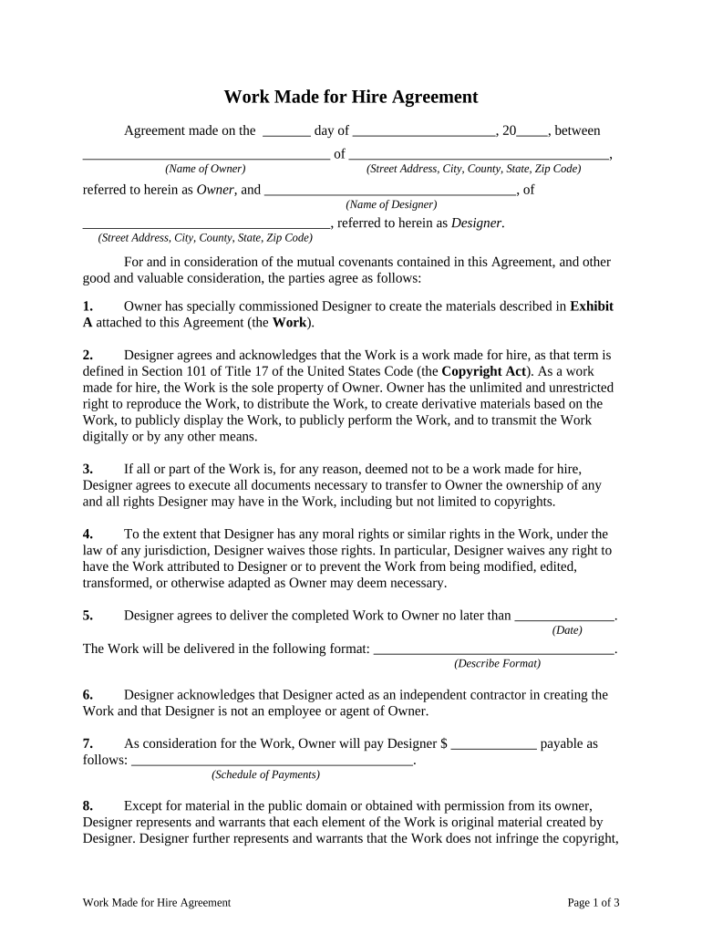 work for hire agreement template Preview on Page 1