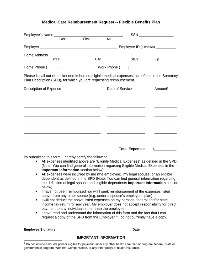 Medical Care Reimbursement Request - Flexible Benefits Plan Preview on Page 1
