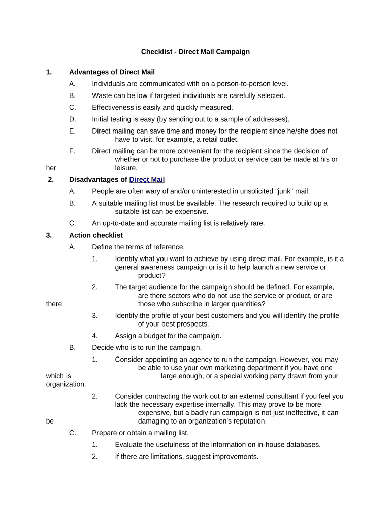 Checklist - Direct Mail Campaign Preview on Page 1