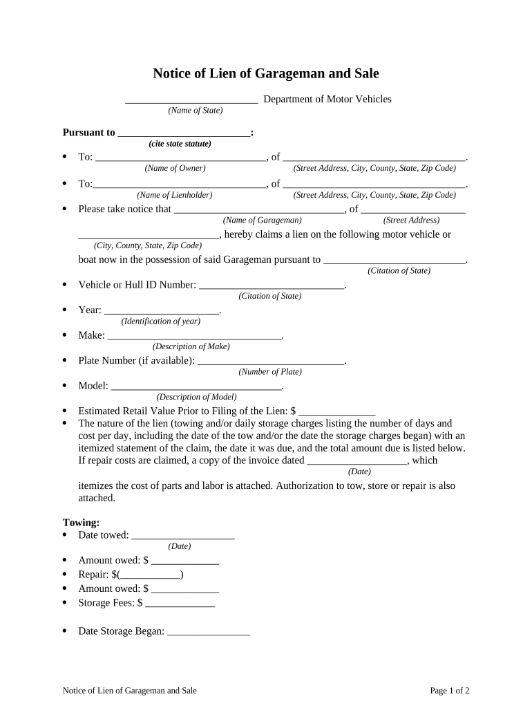 Notice of Lien of Garageman and Sale Preview on Page 1