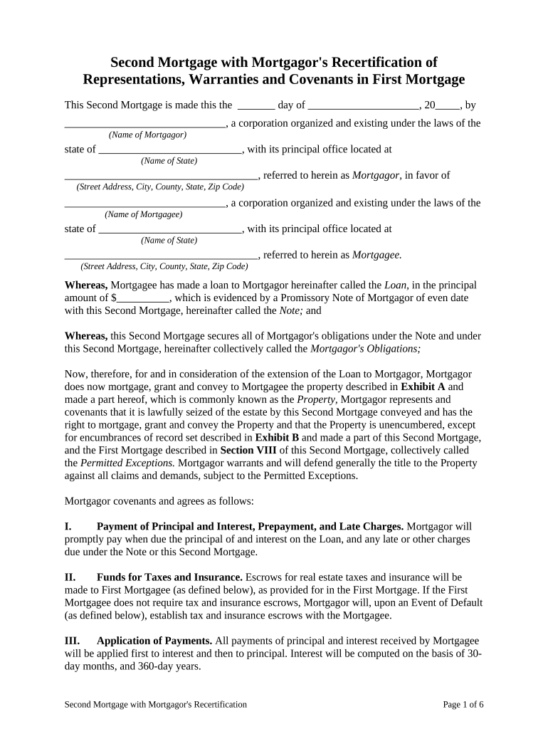 Second Mortgage with Mortgagor's Recertification of Representations, Warranties and Covenants in First Mortgage Preview on Page 1