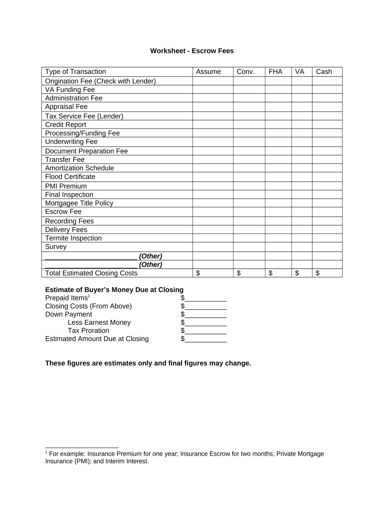 escrow calculation worksheet Preview on Page 1