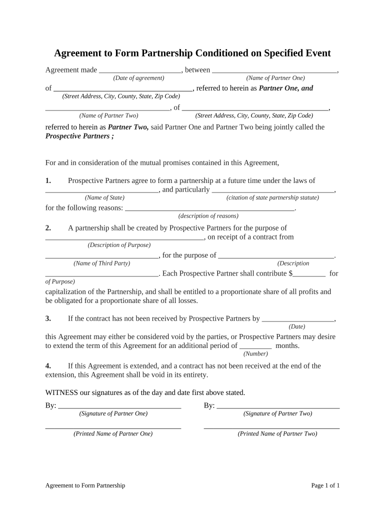 Agreement to Form Partnership Conditioned on Specified Event Preview on Page 1
