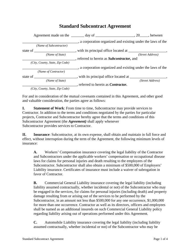 standard subcontract agreement Preview on Page 1.