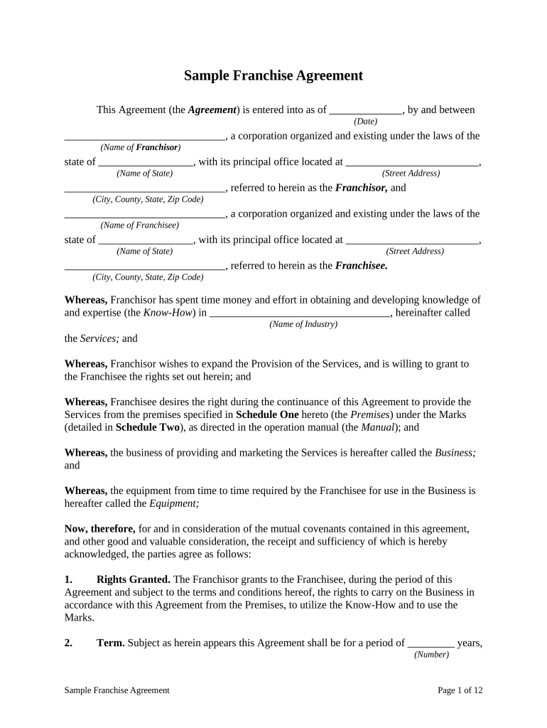 franchise agreement sample Preview on Page 1