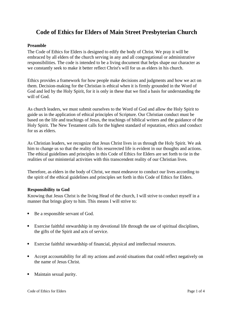 Code of Ethics for Elders of Main Street Presbyterian Church Preview on Page 1