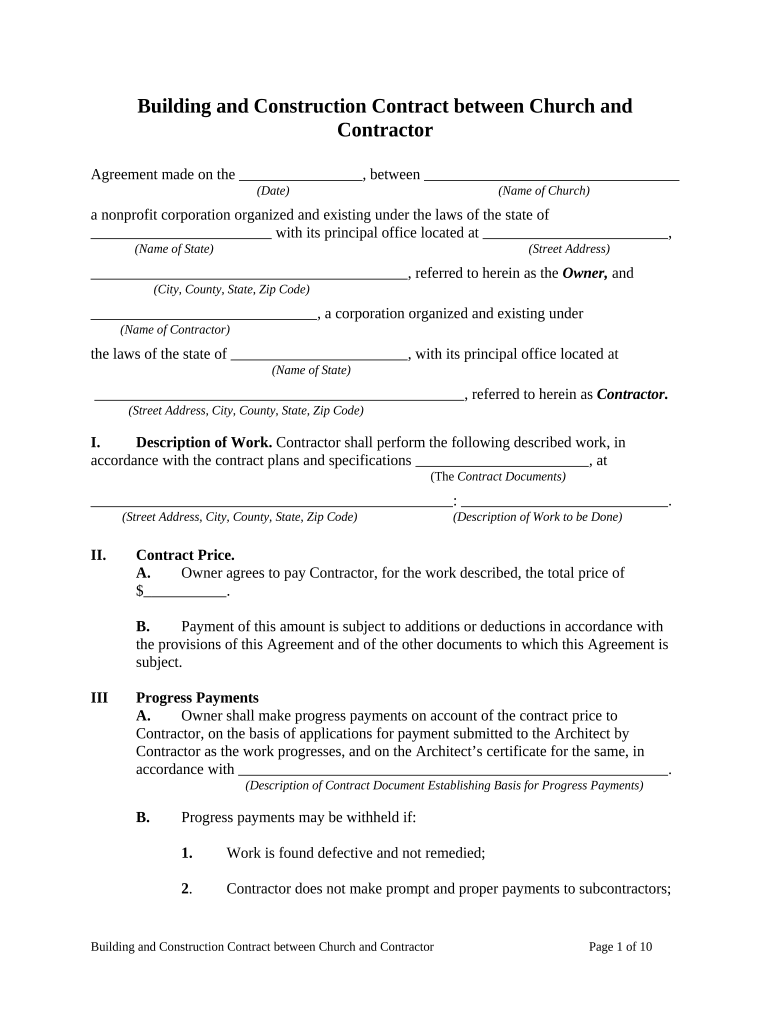 Building and Construction Contract Between Church and Contractor Preview on Page 1.