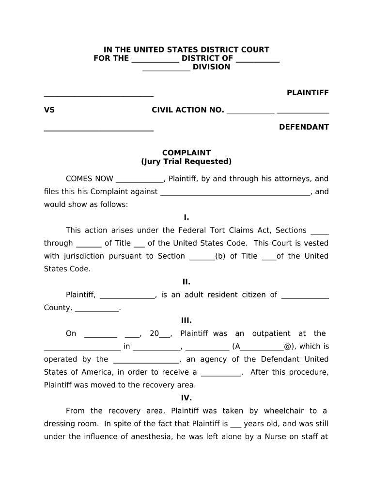 Complaint in Federal Court for Preventable Fall At Hospital Preview on Page 1