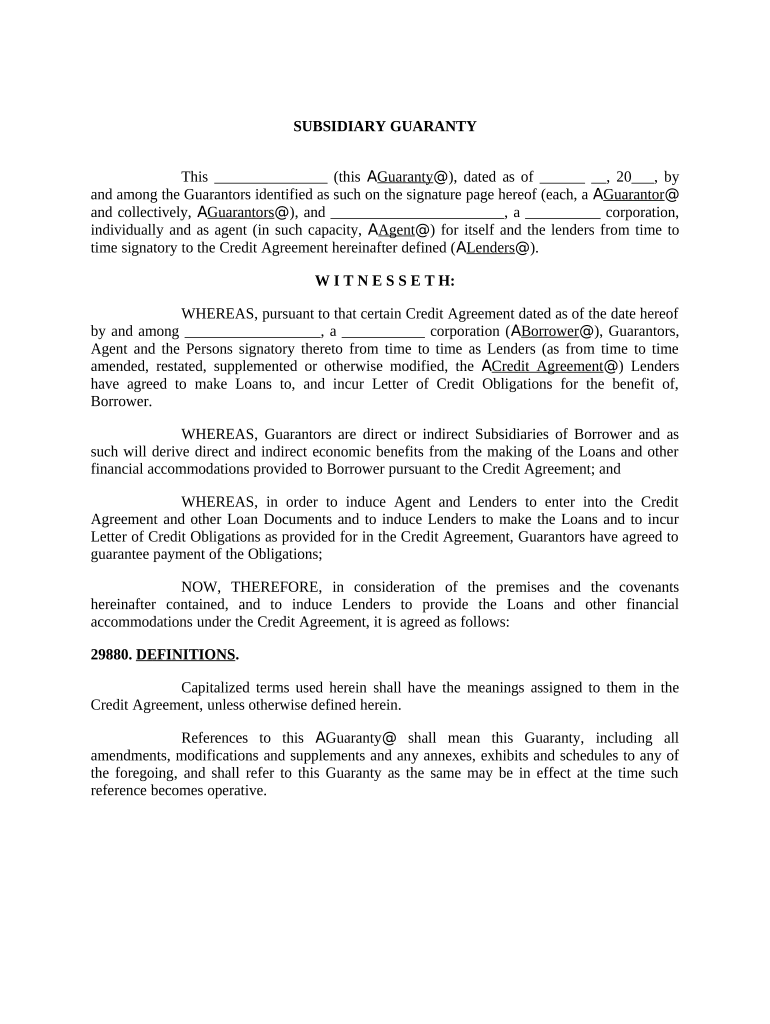 Subsidiary Guaranty Agreement Preview on Page 1