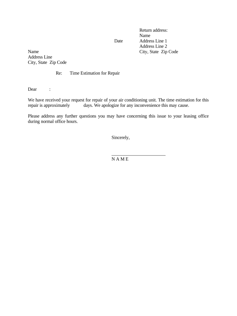 Letter - Notification To Renter of Time Estimate of Repair Preview on Page 1